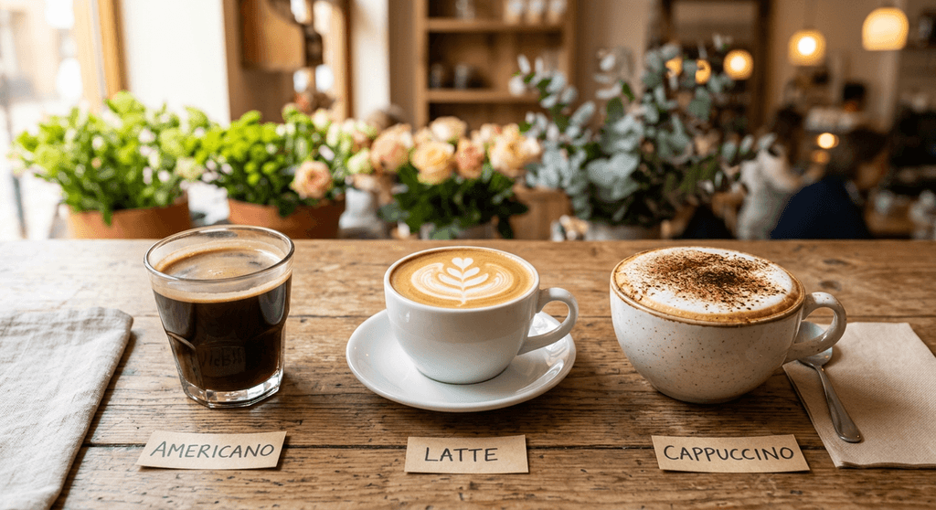 กาแฟ 3 แก้ว Americano Cappuccino Latte เรียงกัน แสดงความต่างของรสชาติและสีสัน