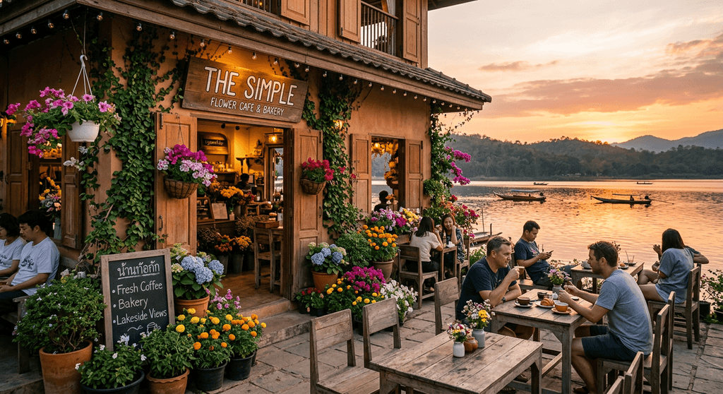 ด้านหน้าร้าน The Simple Cafe สาขาบึงแก่นนคร บรรยากาศสวนดอกไม้สดสวย ริมบึงแก่นนคร