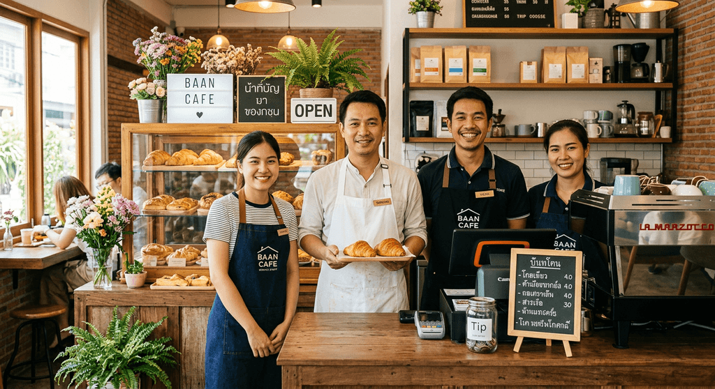 ทีมงาน The Simple Cafe ยืนพร้อม baker กำลังอบขนม barista ชงกาแฟ