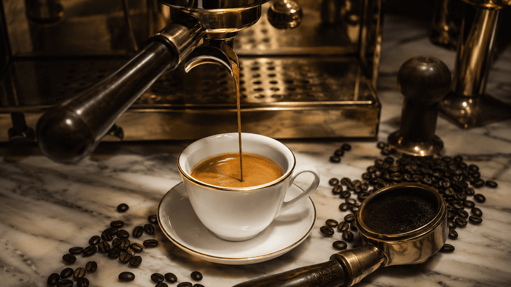 Espresso shot ไหลลงถ้วย crema สวยจากเครื่องชง espresso