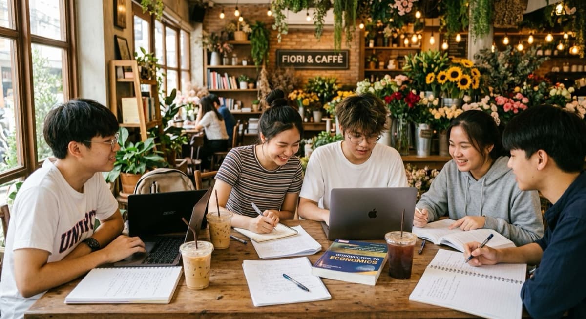 นักศึกษานั่งอ่านหนังสือในคาเฟ่ The Simple Cafe พร้อมแล็บท็อป