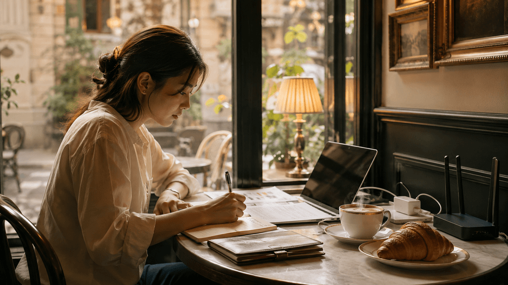 Freelancer นั่งทำงานในคาเฟ่ พร้อม laptop mouse gาแฟ notebook