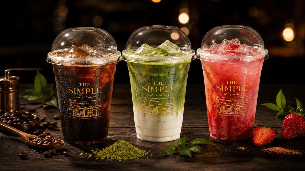 เมนูกาแฟเย็นและสมูตตี้สวยงาม บน ice cream ที่ The Simple Cafe
