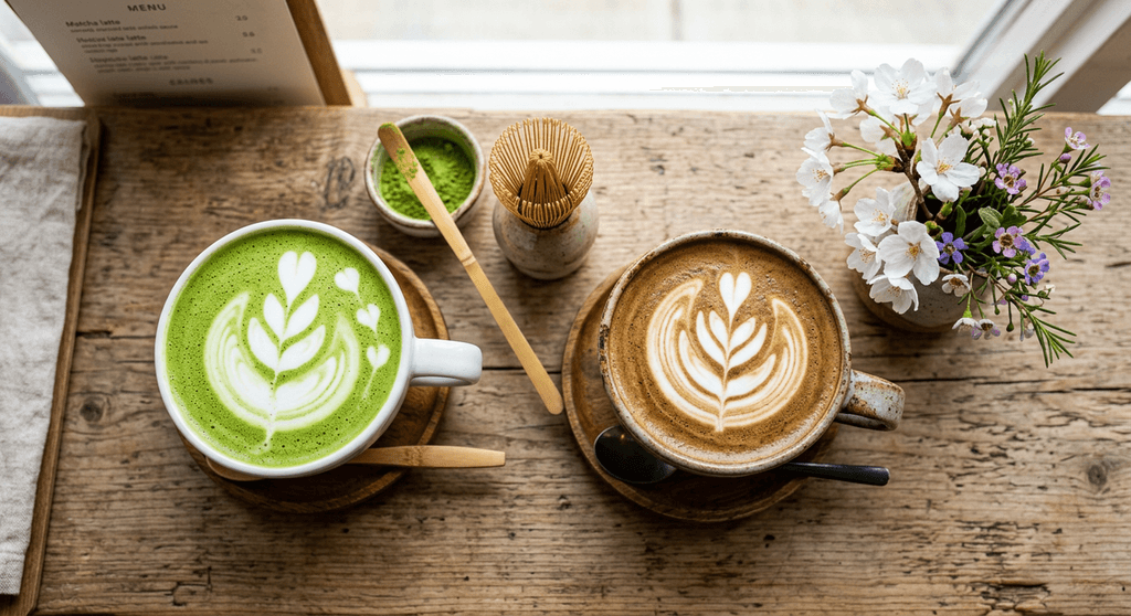 Matcha Latte สีเขียวสดและ Hojicha Latte สีน้ำตาลวางคู่กัน เปรียบเทียบ