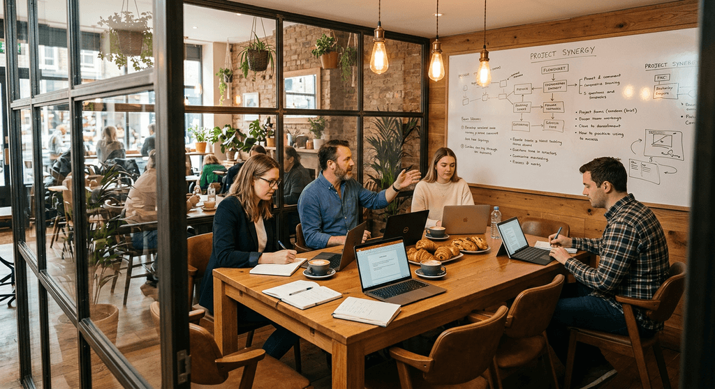 ห้องประชุมเล็กในคาเฟ่ The Simple Cafe พร้อม whiteboard และโต๊ะ Wi-Fi ใจกลาง