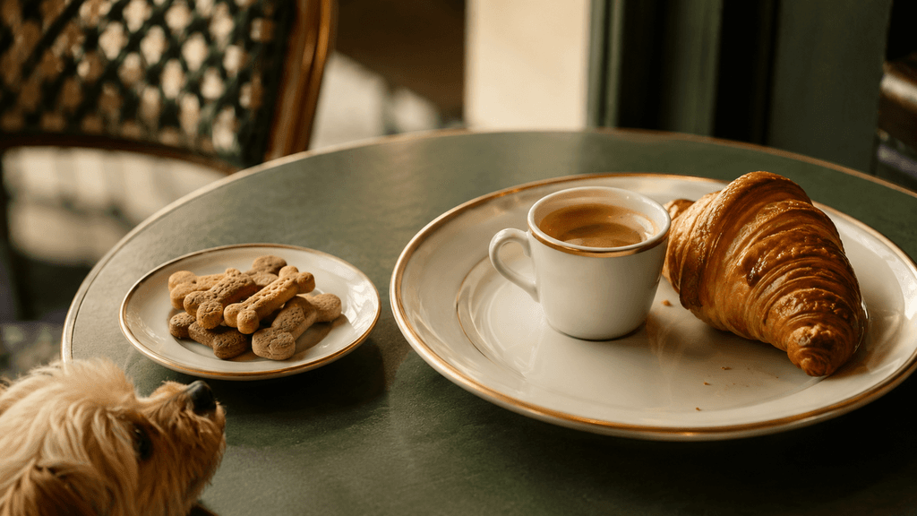 สุนัขน่ารักนั่งข้างครอบครัวที่โต๊ะคาเฟ่ คู่กาแฟและครัวซองต์