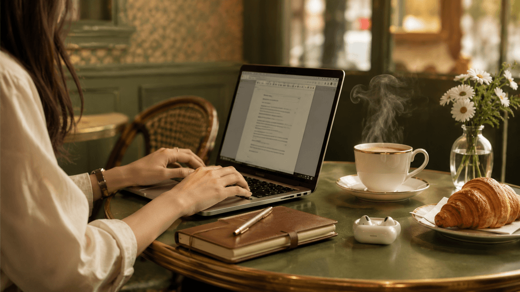คนนั่งทำงานที่คาเฟ่ Wi-Fi ฟรี ปลั๊กไฟ Laptop ครัวซองต์ เครื่องดื่มร้อน The Simple Cafe